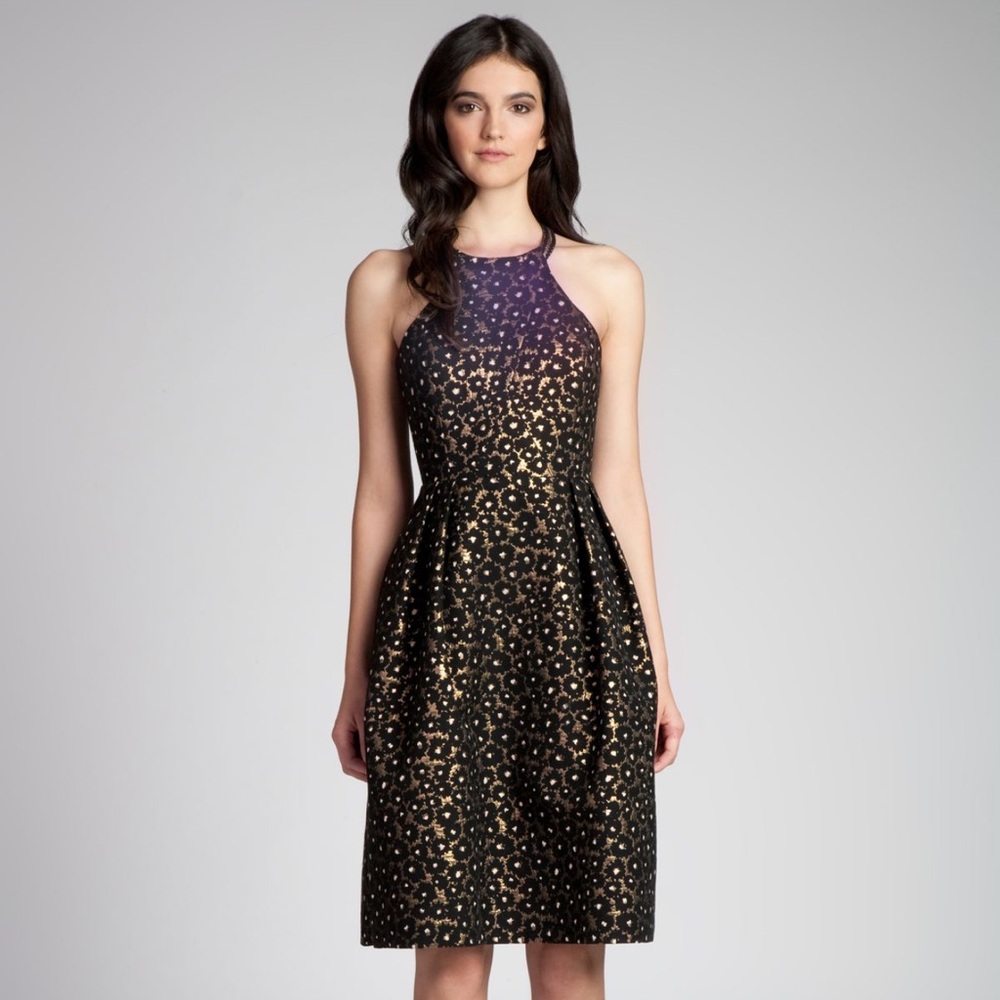 Shoshanna Midnight Greta Dress Black Gold Jacquard Metallic Halter Size‎ 8